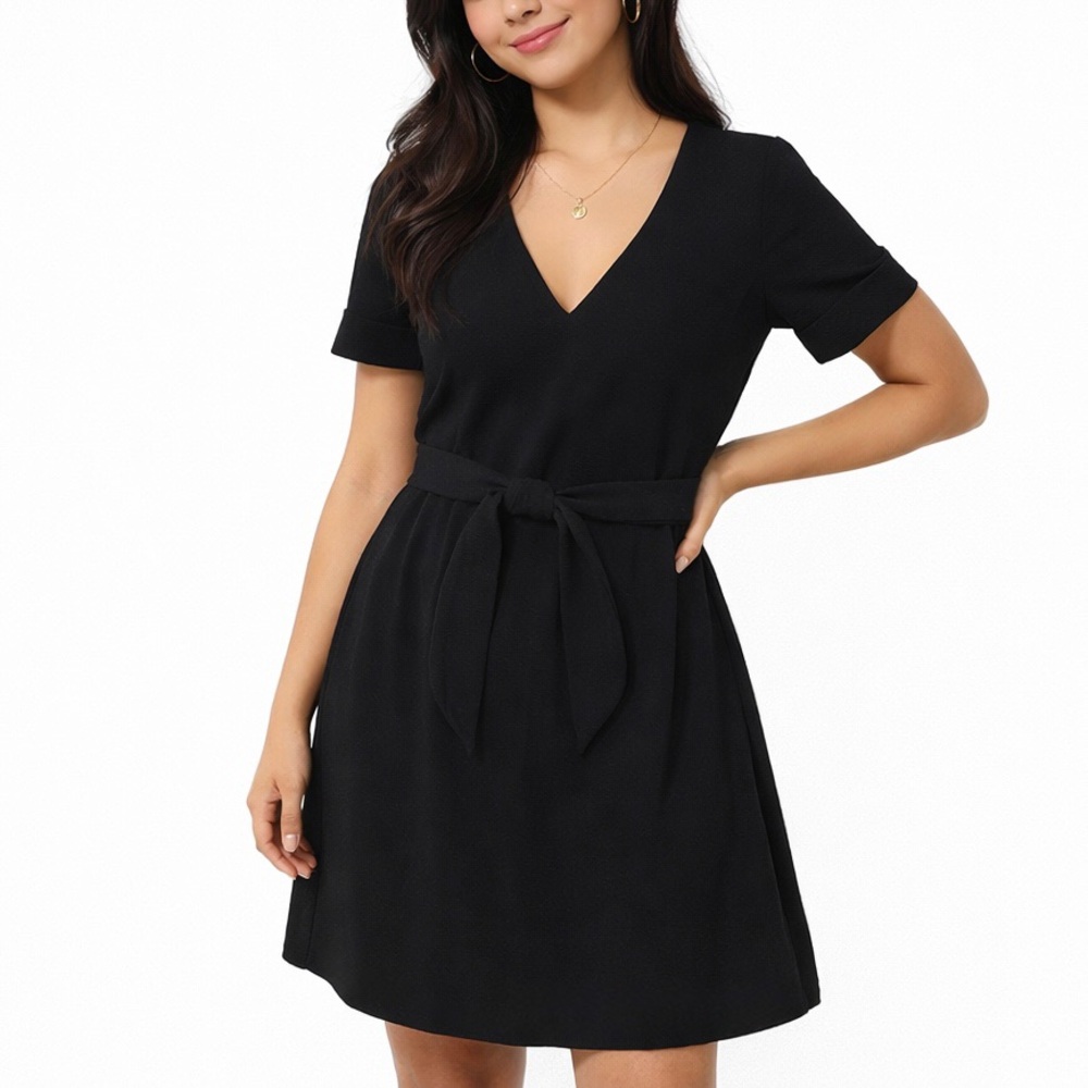 Zara Black Mini Dress V-Neck Short Sleeve Belted Size M